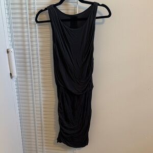 Draped Black Midi Dress — Classic Sleeveless Design